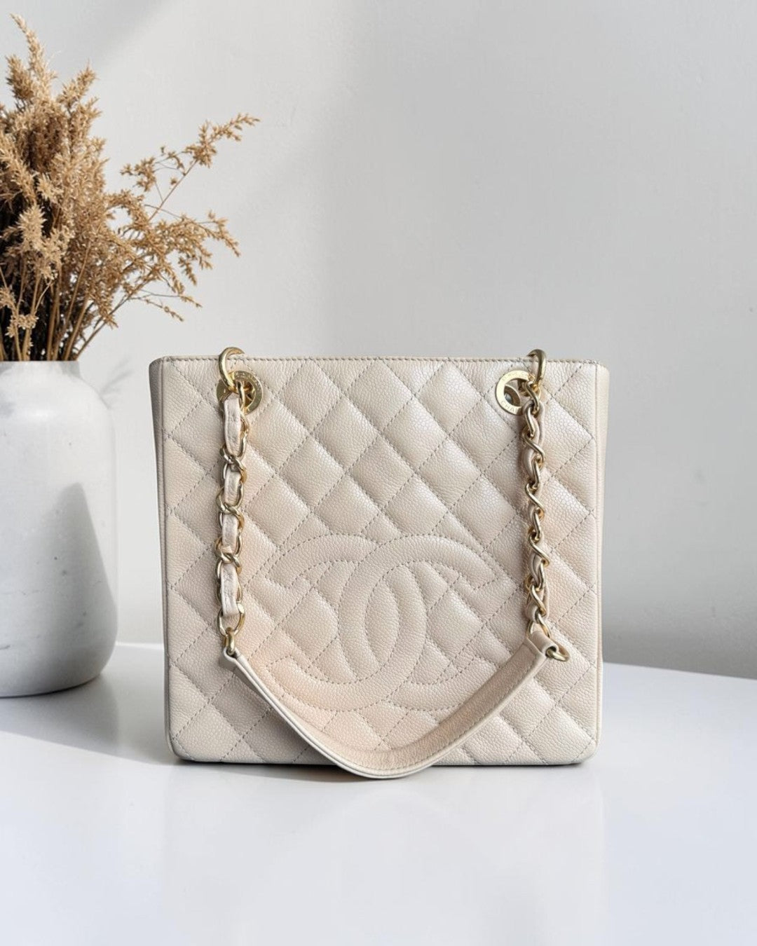 Chanel PST Petite Shopping Tote - Caviar Quilted Grained Calfskin Light Beige Gold Hardware