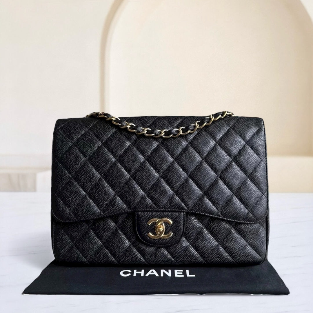 Chanel Classic Flap Maxi - Caviar 33CM Single Flap Black Gold Hardware Series 13