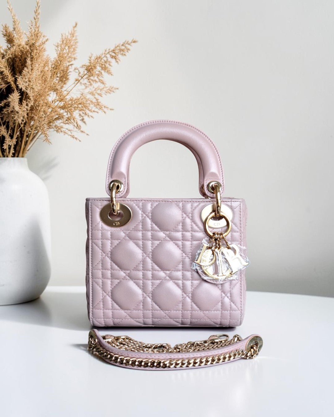 Dior Lady Mini - Cannage Lambskin Light Pink Gold Hardware Chain Strap