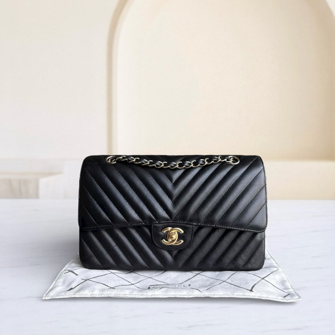 Chanel Classic Flap Medium - 25CM Chevron Lambskin Black Gold Hardware Series 23