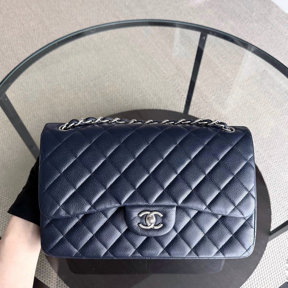 Chanel Classic Flap Jumbo - Caviar Double Flap 30CM Quilted Grained Calfskin Dark Navy Blue Silver Hardware