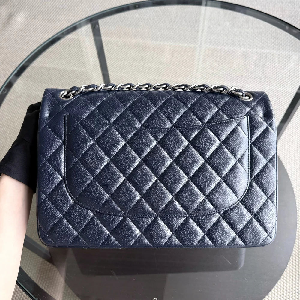 Chanel Classic Flap Jumbo - Caviar Double Flap 30CM Quilted Grained Calfskin Dark Navy Blue Silver Hardware