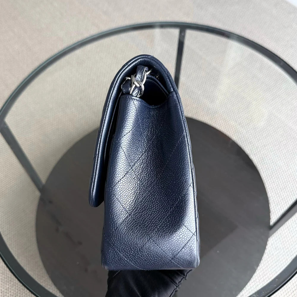 Chanel Classic Flap Jumbo - Caviar Double Flap 30CM Quilted Grained Calfskin Dark Navy Blue Silver Hardware