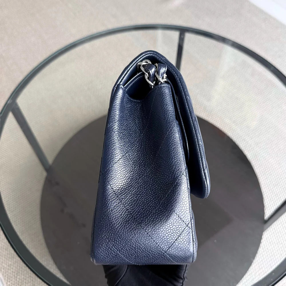Chanel Classic Flap Jumbo - Caviar Double Flap 30CM Quilted Grained Calfskin Dark Navy Blue Silver Hardware