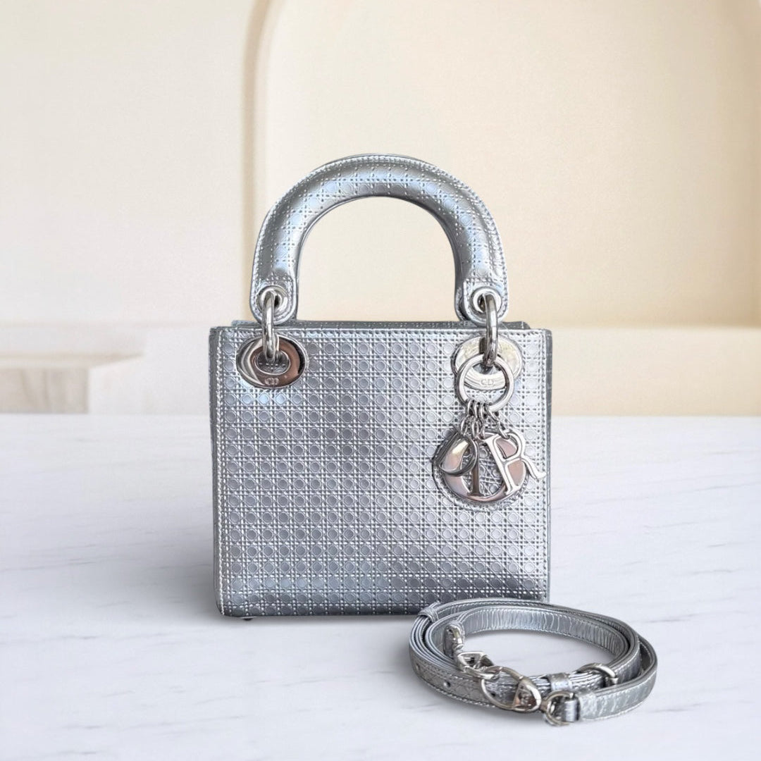 Dior Lady Mini - Micro Cannage Metallic Silver Hardware Adjustable Strap