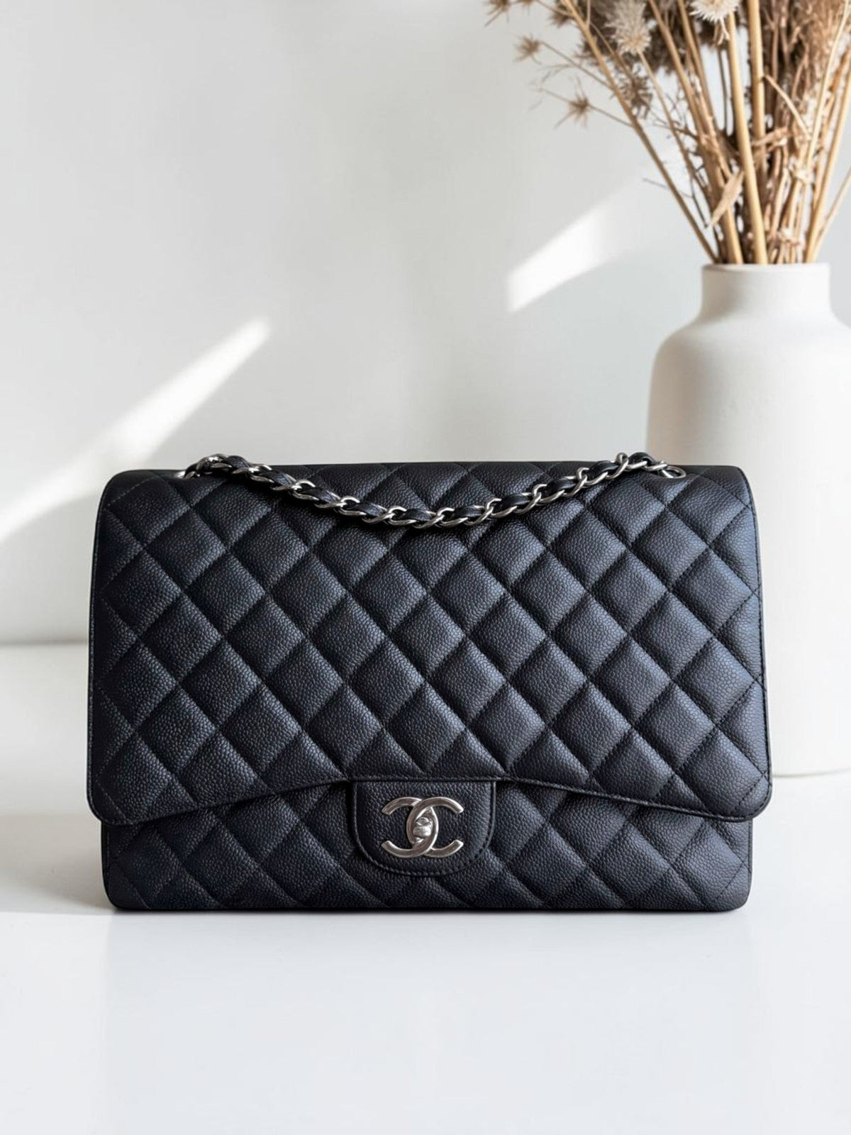 Chanel Classic Flap Maxi - Caviar 33CM Double Flap Black Silver Hardware Series 14