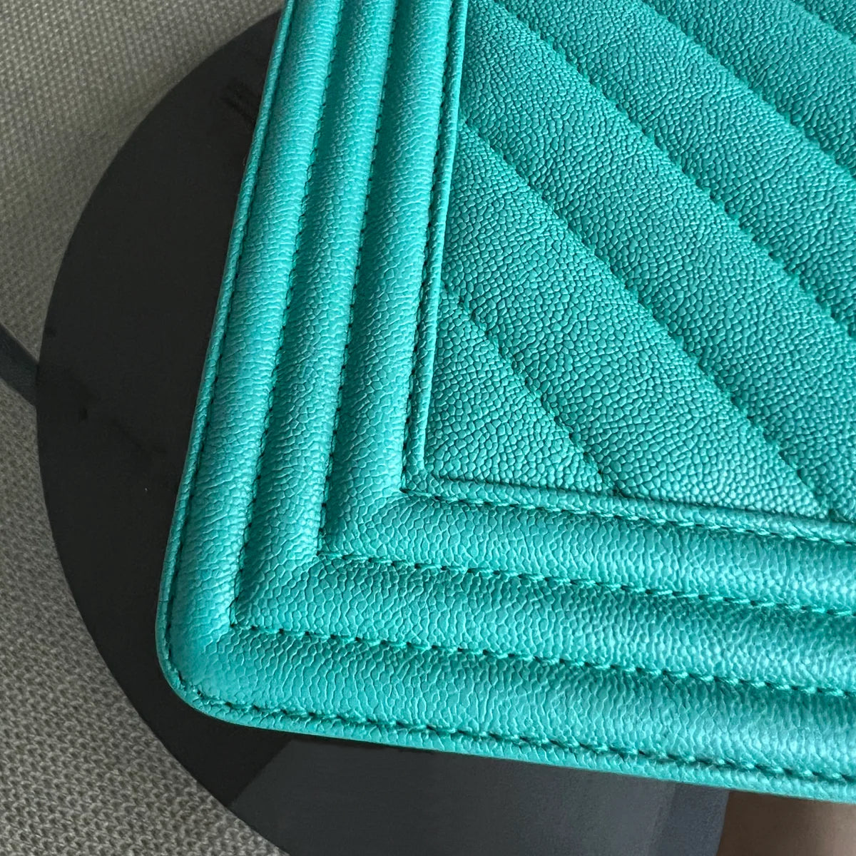 Caviar Boy Old Medium 25CM Chevron Grained Calfskin Cyan Green Blue Light Golden Hardware Series 27