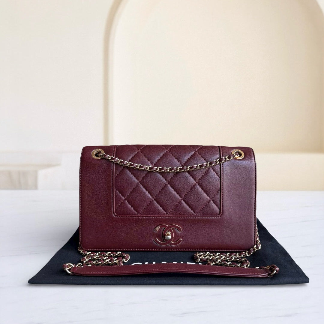 Chanel Mademoiselle Seasonal Flap - 25CM Quilted Lambskin Burgundy Gold Hardware Series 23