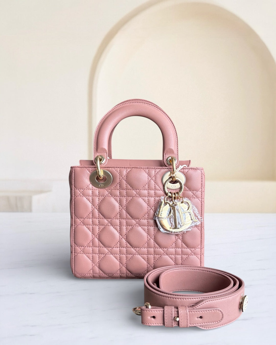 Dior Lady Small Flap - Cannage Lambskin Blush Pink Gold Hardware