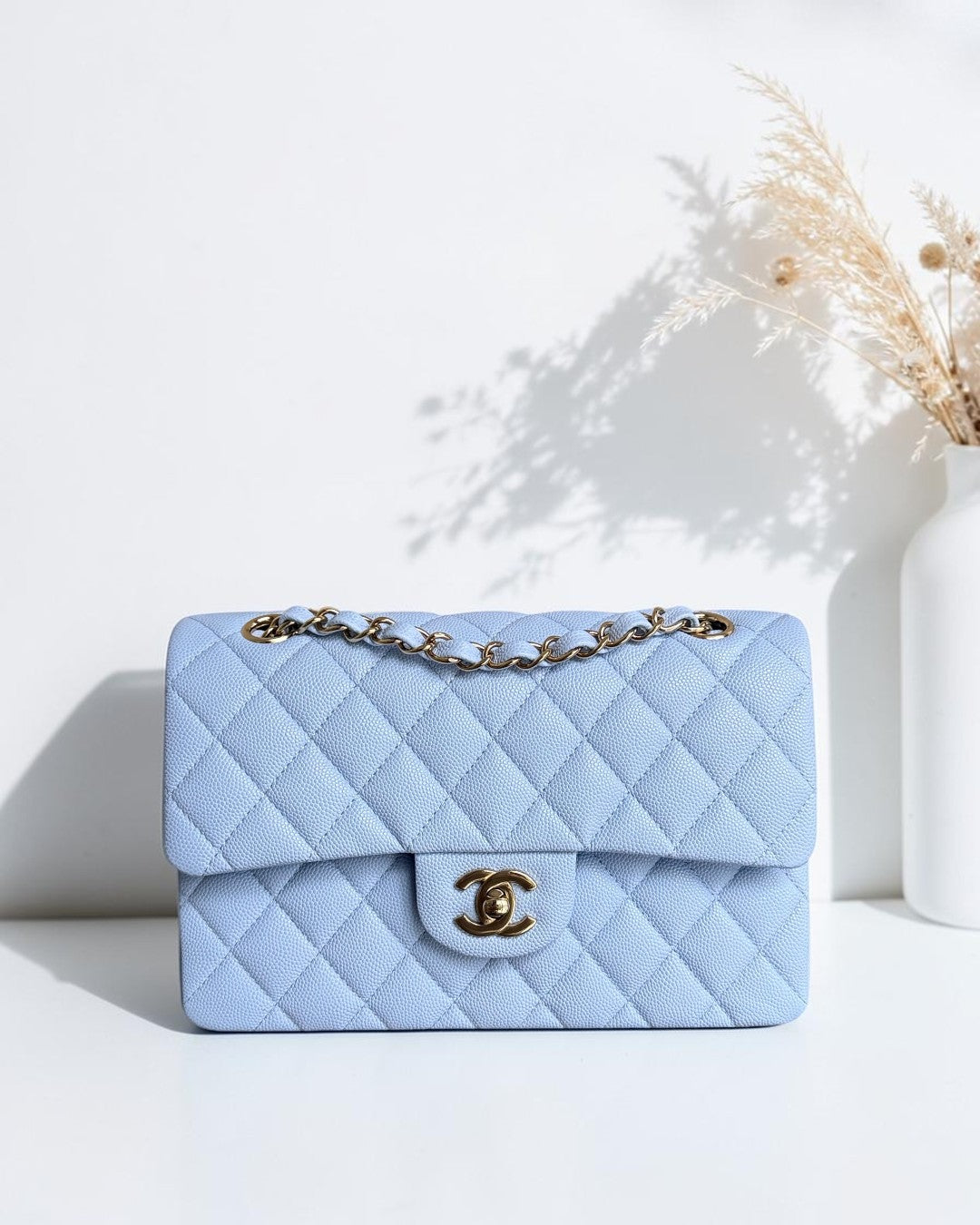 Chanel Classic Flap Small - Caviar 23CM Quilted Baby Blue Light Gold Hardware Microchip