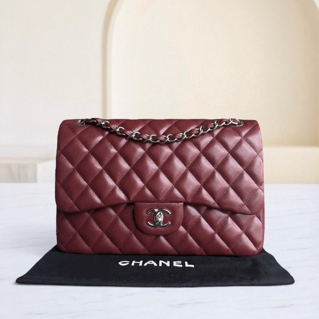 Chanel Classic Flap Jumbo - Caviar 30CM Double Flap Quilted Burgundy Silver Hardware