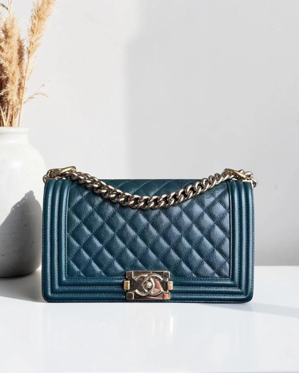 Chanel Boy Medium - Caviar 25CM Quilted Blue Golden Hardware Series 30