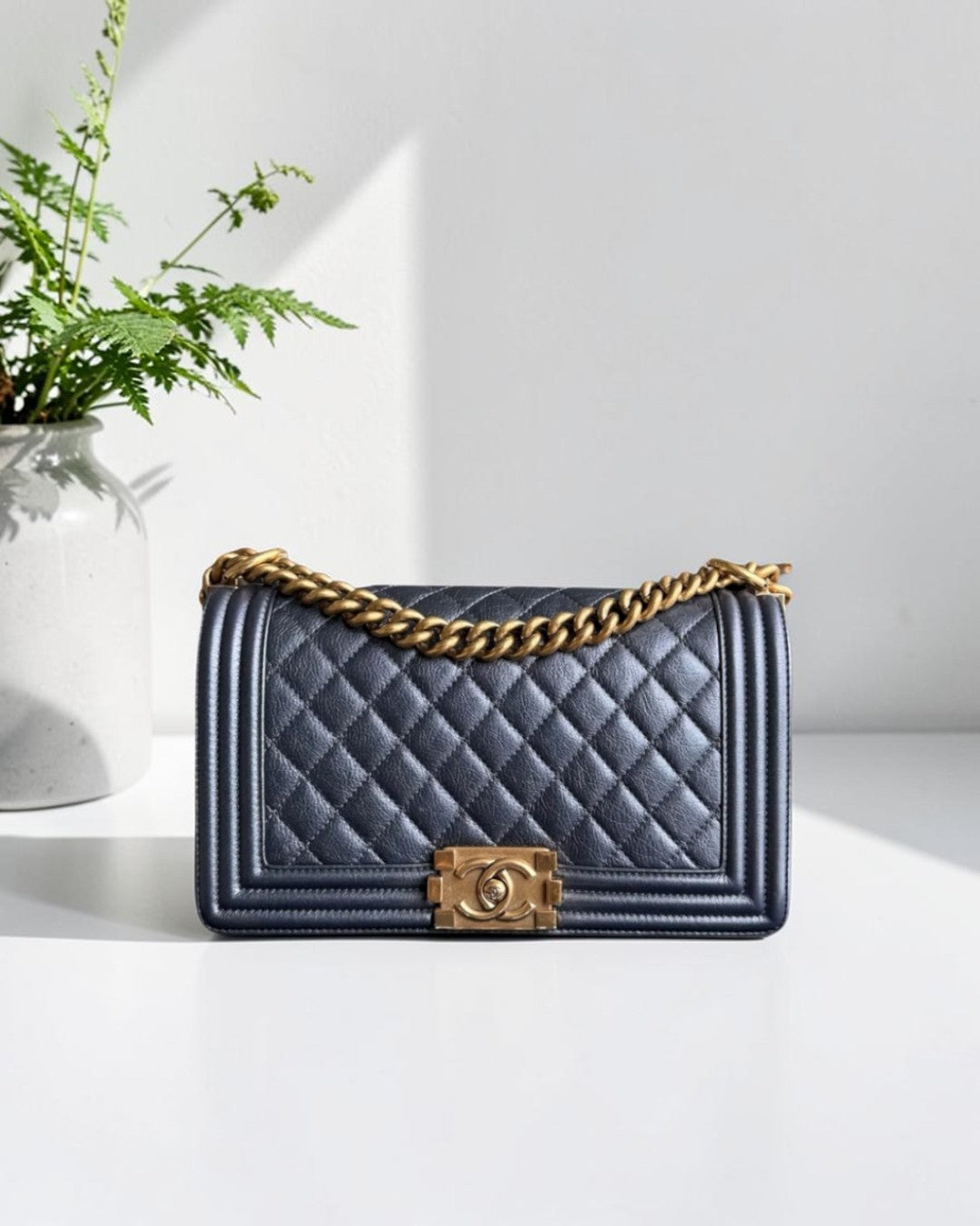 Chanel Boy Medium - Calfskin 25CM Quilted Iridescent Charcoal Black Aged Gold Hardware Series 20