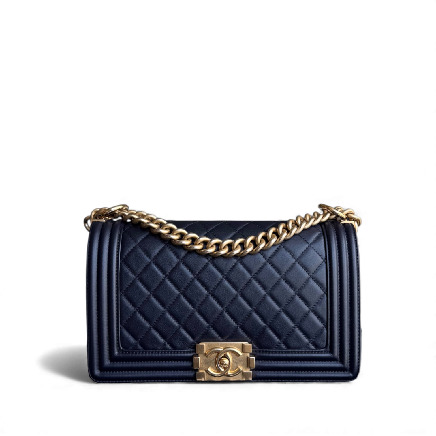 Chanel Boy Medium - Calfskin 25CM Quilted Dark Blue Gold Hardware Series 26