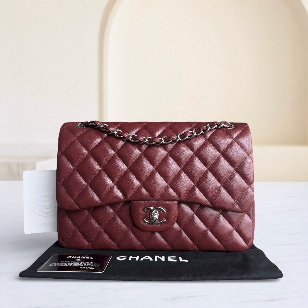 Chanel Classic Flap Jumbo - Caviar 30CM Double Flap Quilted Burgundy Gold Hardware Series 15