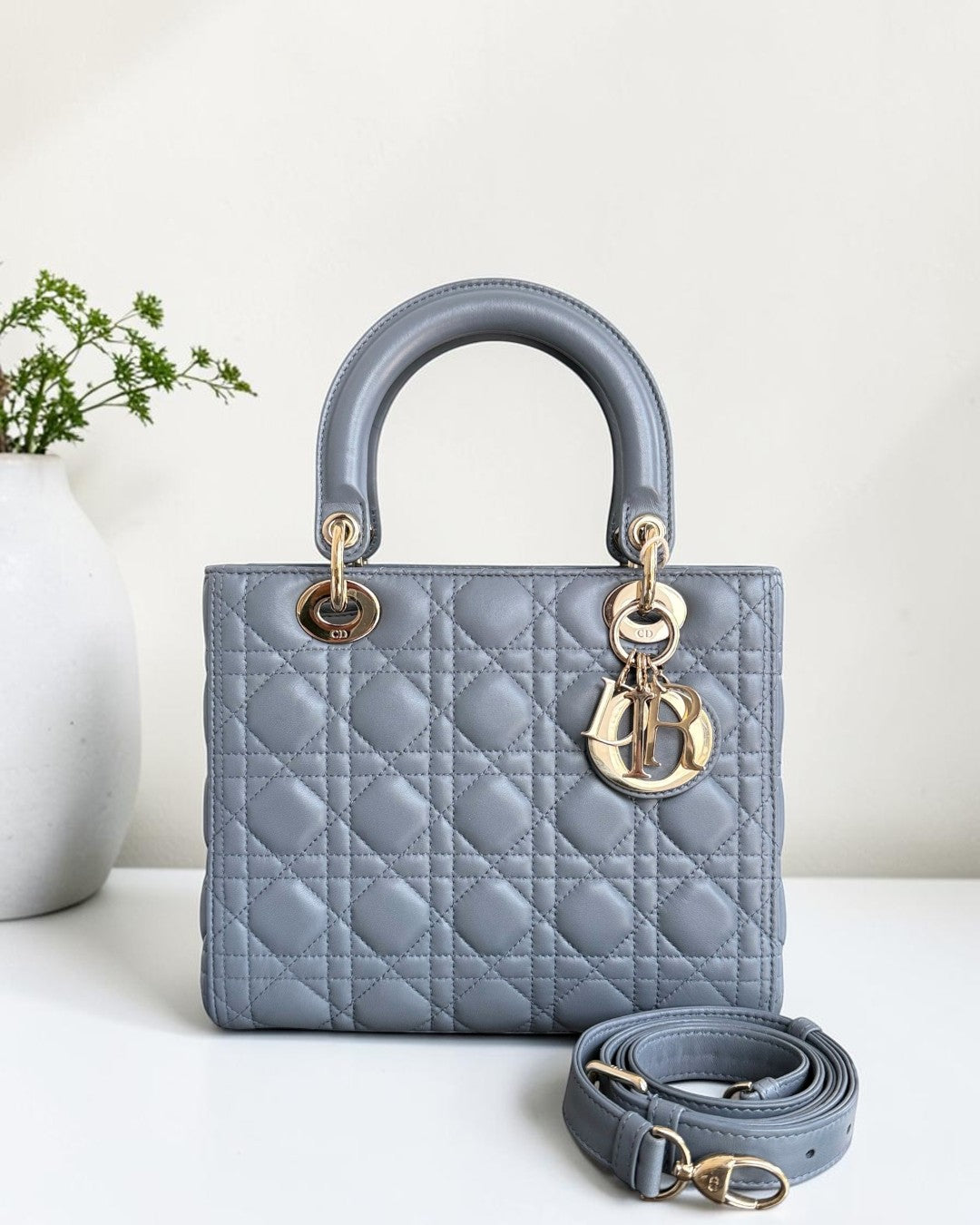 Dior Lady Medium - Cannage Lambskin Haze Blue Gold Hardware Adjustable Strap