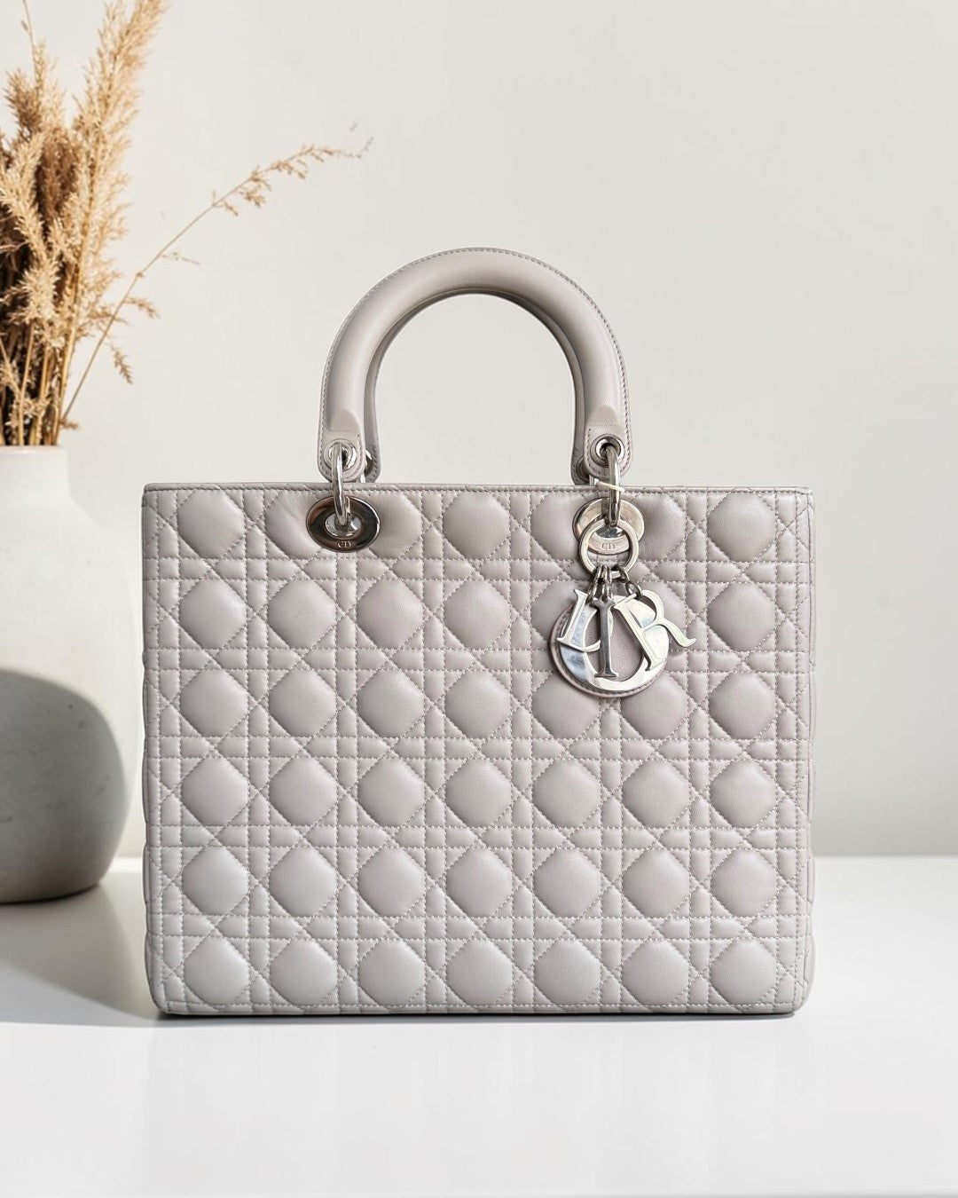 Dior Lady Large - Cannage Lambskin Light Gray Grey Silver Hardware