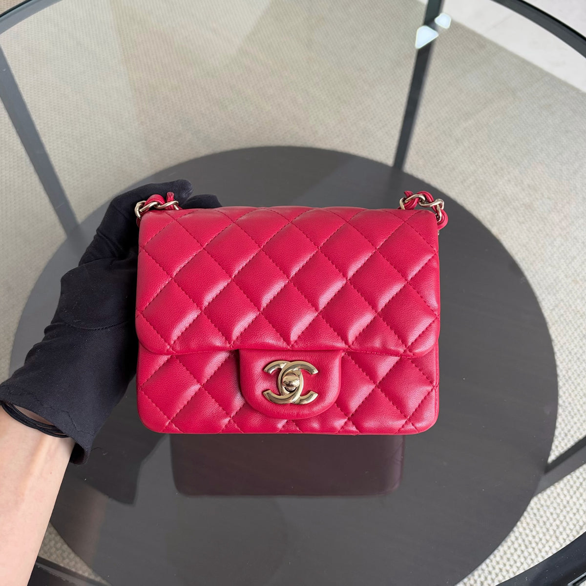 Chanel Classic Flap Mini Square - 17CM Quilted Lambskin Red Gold Hardware Series 23