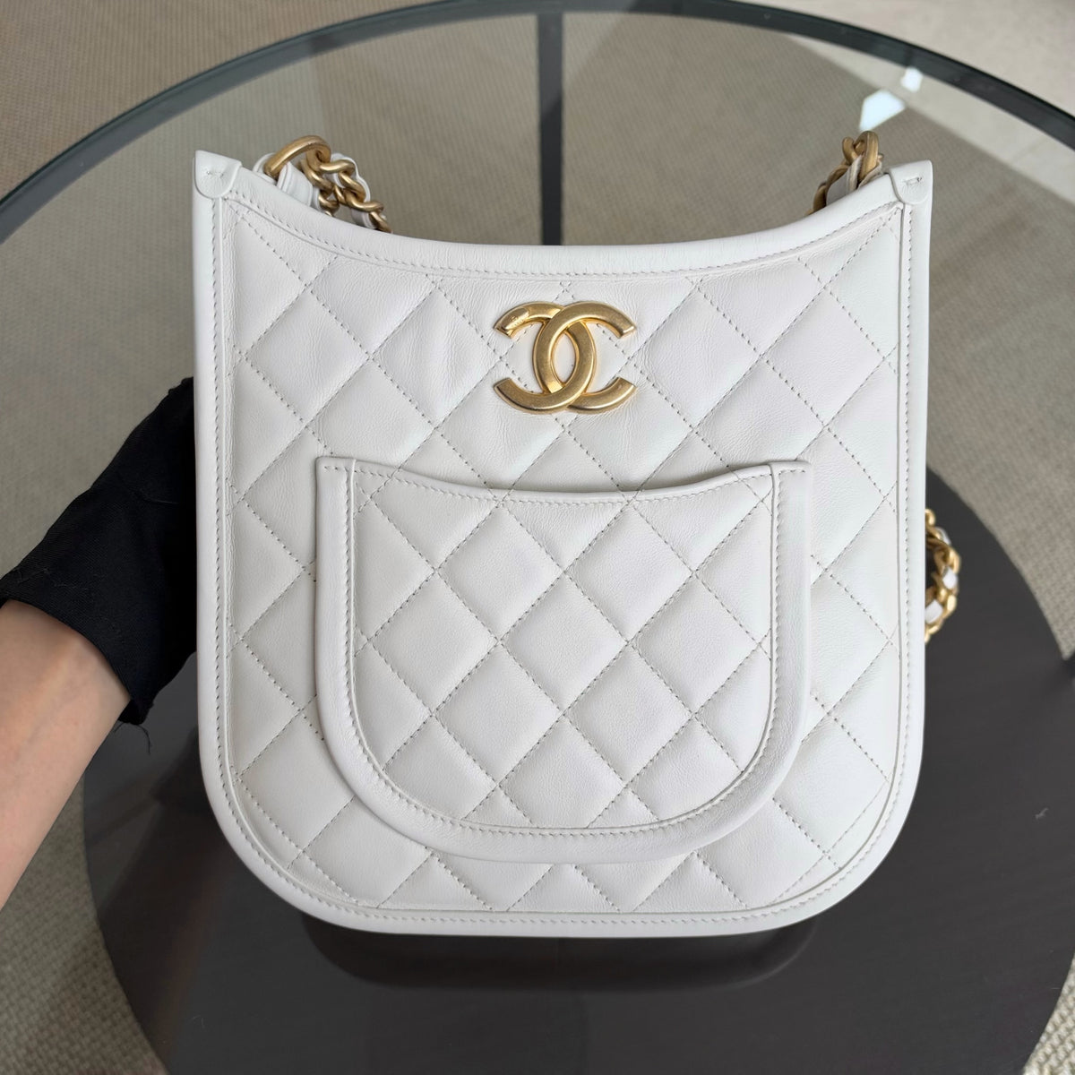 Chanel CC Quilted Hobo White Calfskin Microchip