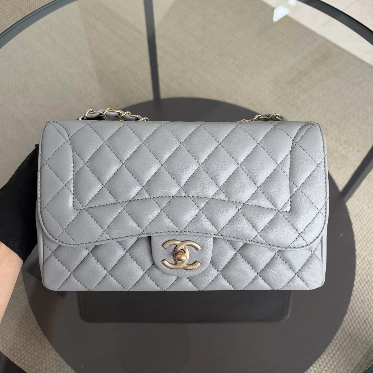 Chanel Chic Flap Seasonal Flap Medium - 25CM Quilted Lambskin Grey Gray Gold Hardware Series 21