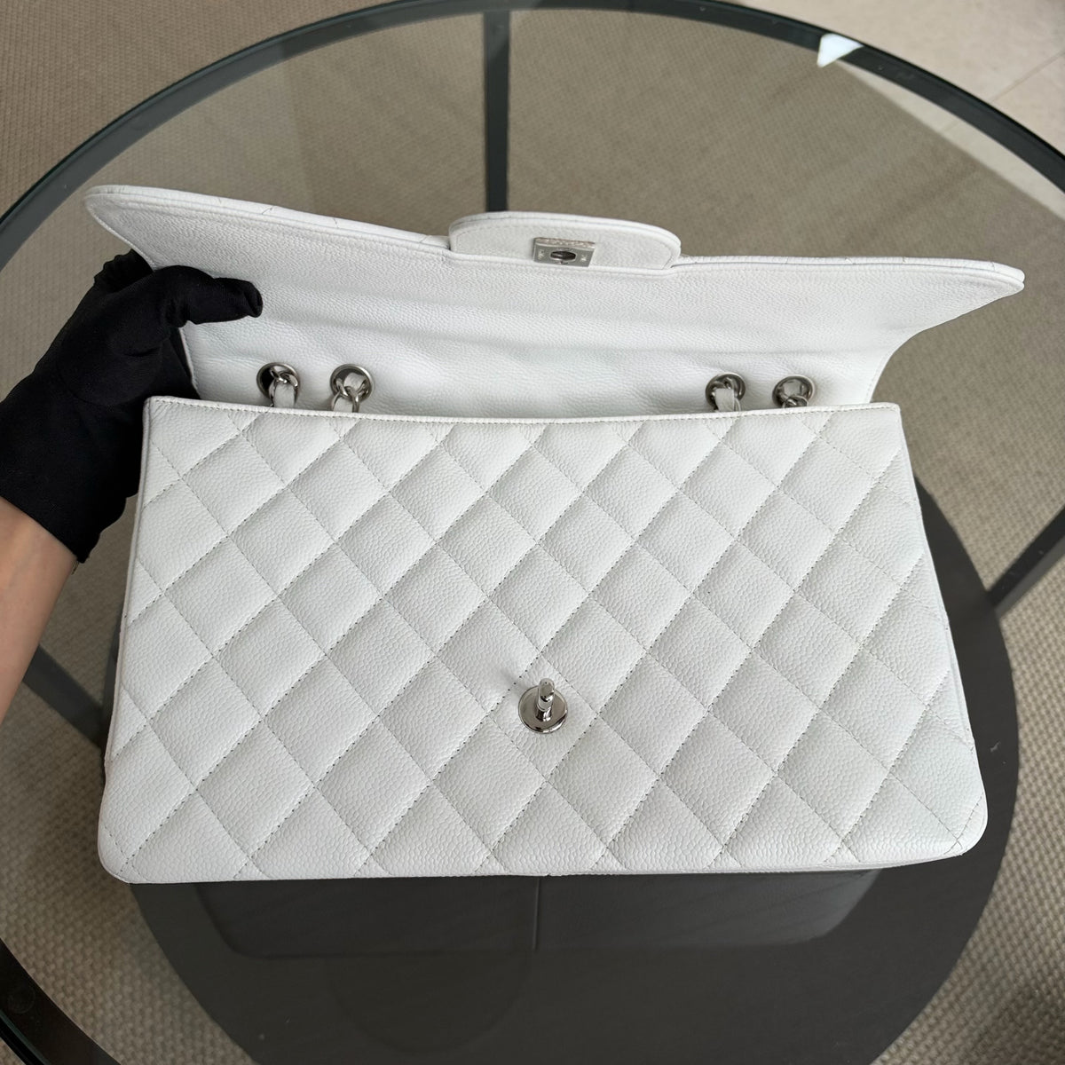 Chanel Classic Flap Jumbo - Caviar 30CM Single Flap Quilted White Silver Hardware