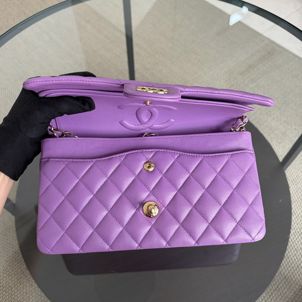 Chanel Classic Flap Medium - Caviar 25CM Quilted Purple Gold Hardware Microchip