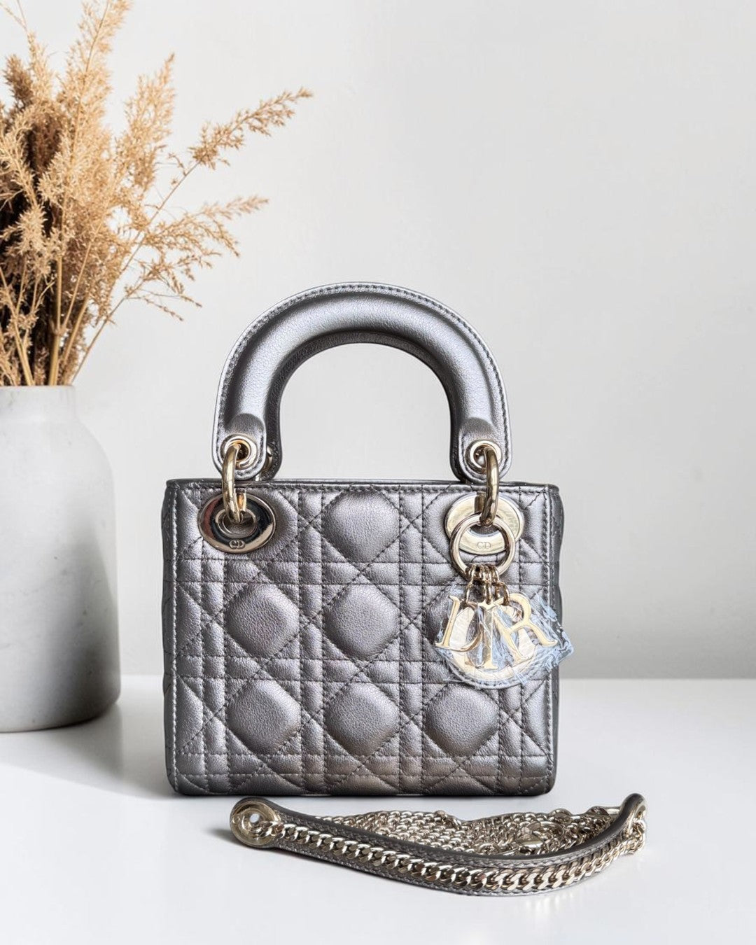 Dior Lady Mini - Cannage Calfskin Gunmetal Gold Hardware Chain Strap