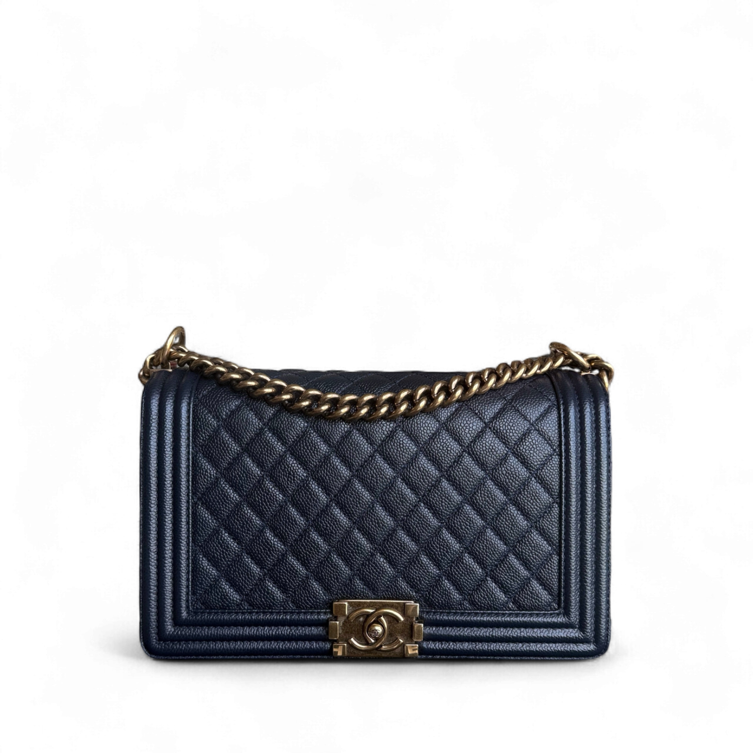 Chanel Boy New Medium - 28CM Caviar Quilted Grained Calfskin Dark Navy Blue Ruthenium Gold Hardware Series 19