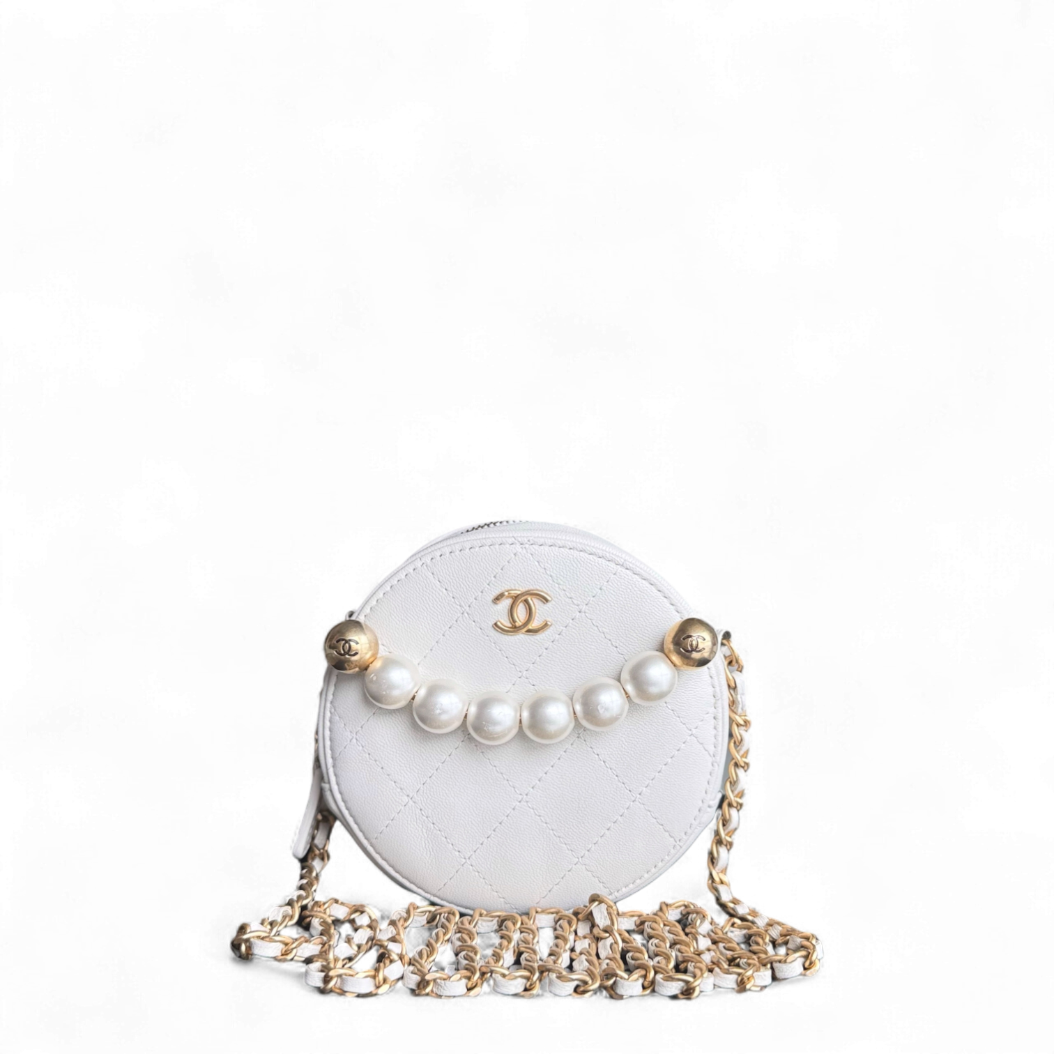 Chanel Pearl Round Clutch with Chain White Calfskin Aged Gold Hardware 29