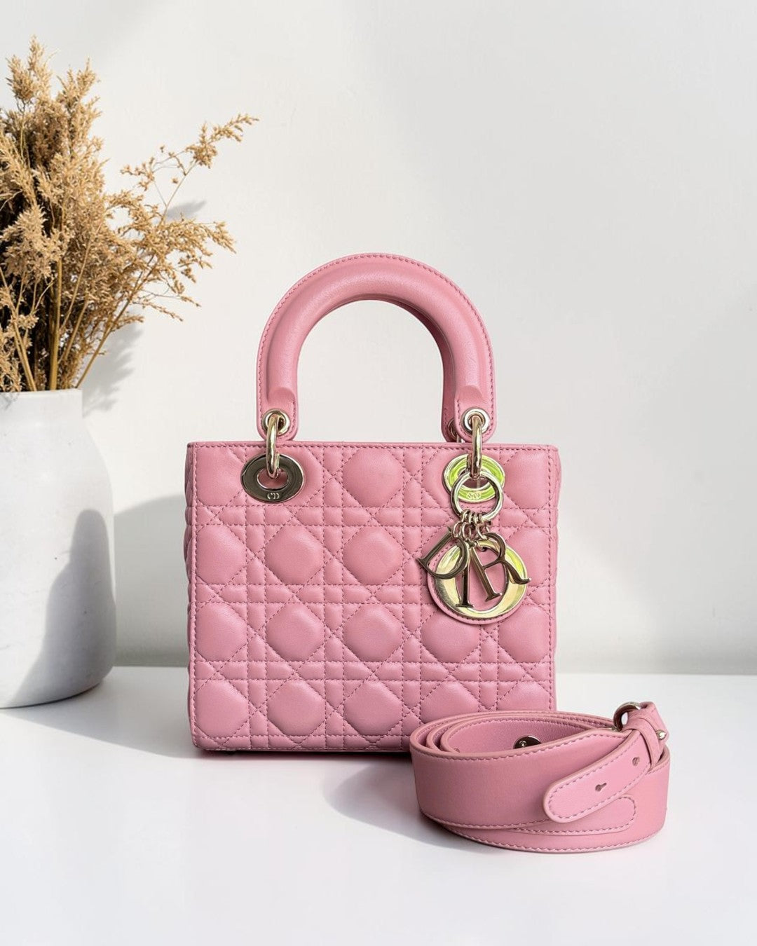 Dior Lady Small Flap - Cannage Lambskin Pink Gold Hardware