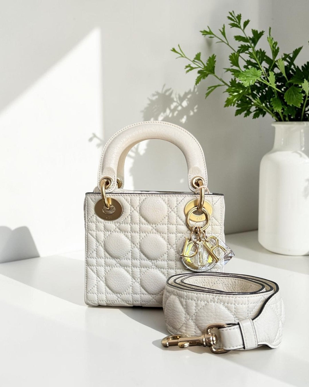 Dior Lady Mini - Cannage Grained Calfskin White Gold Hardware