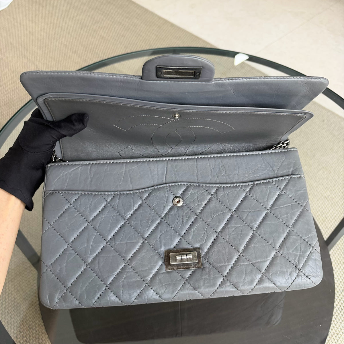 Chanel 2.55 Reissue 227 - Quilted Aged Calfskin Gray Grey Ruthenium Silver Hardware Series 12
