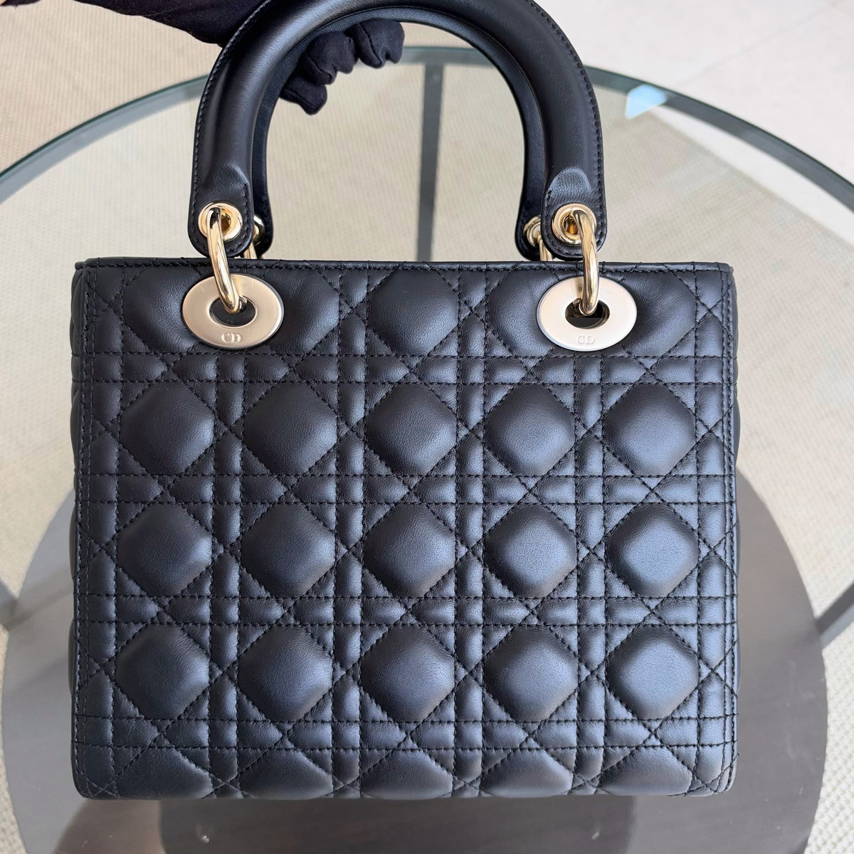 Dior Lady Medium - Flap Open Cannage Lambskin Black Gold Hardware