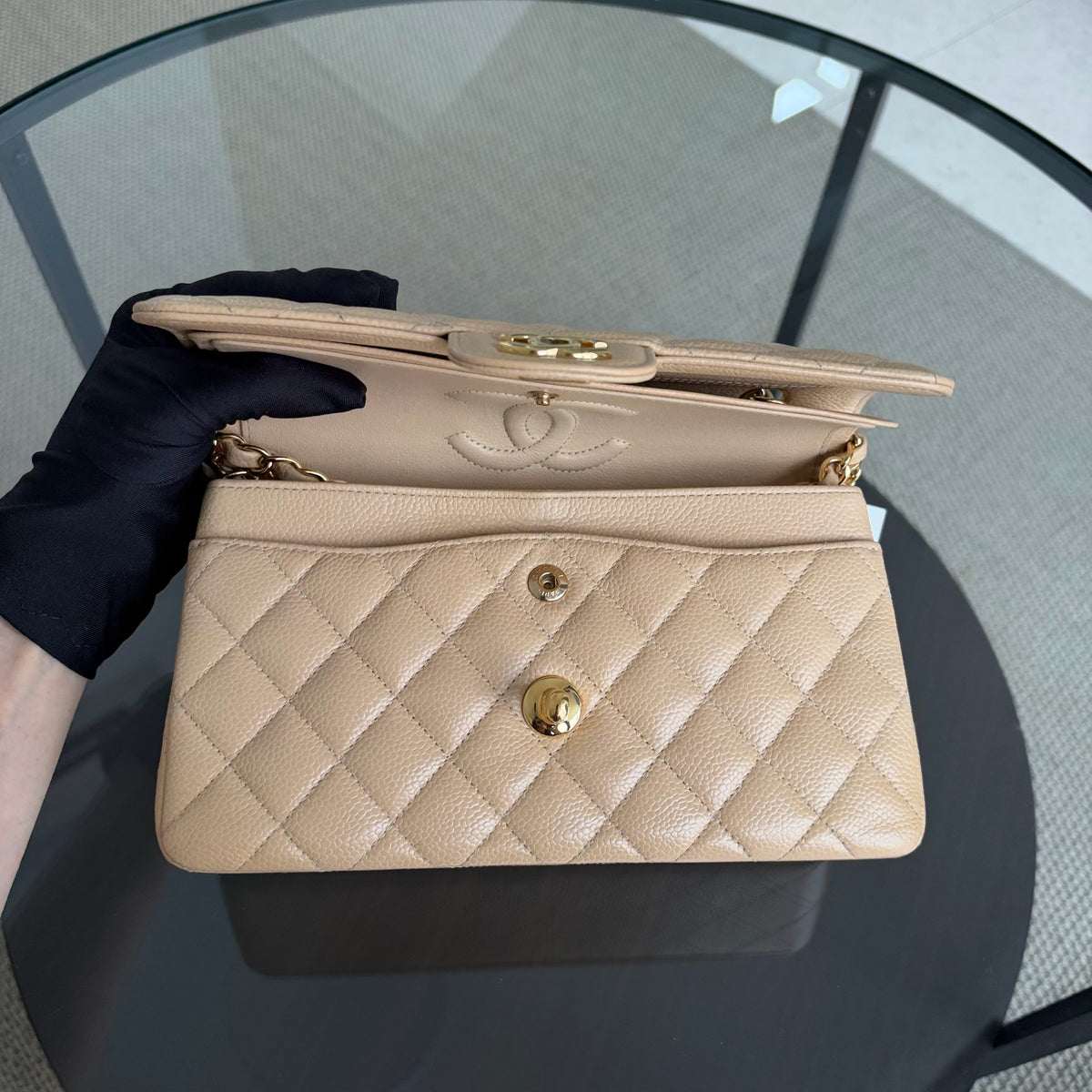 Chanel Classic Flap Small - Caviar 23CM Quilted Dark Beige Gold Hardware Microchip