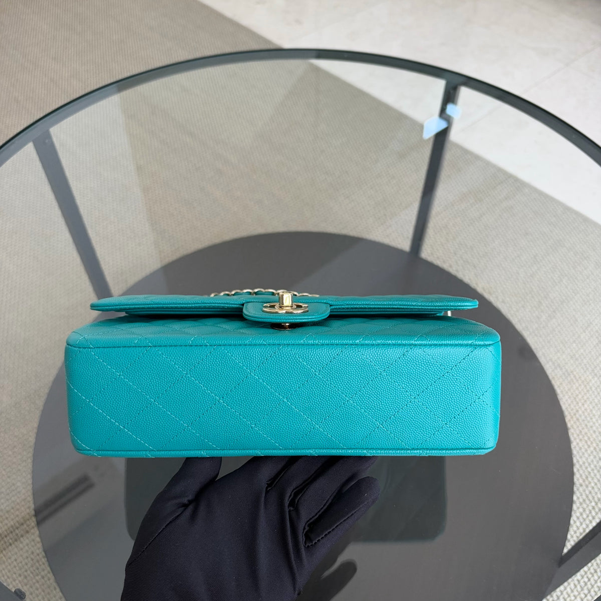 Chanel Classic Flap Medium - Caviar 25CM Quilted Cyan Blue Gold Hardware Series 23