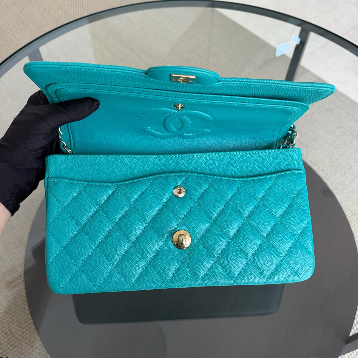 Chanel Classic Flap Medium - Caviar 25CM Quilted Cyan Blue Gold Hardware Series 23