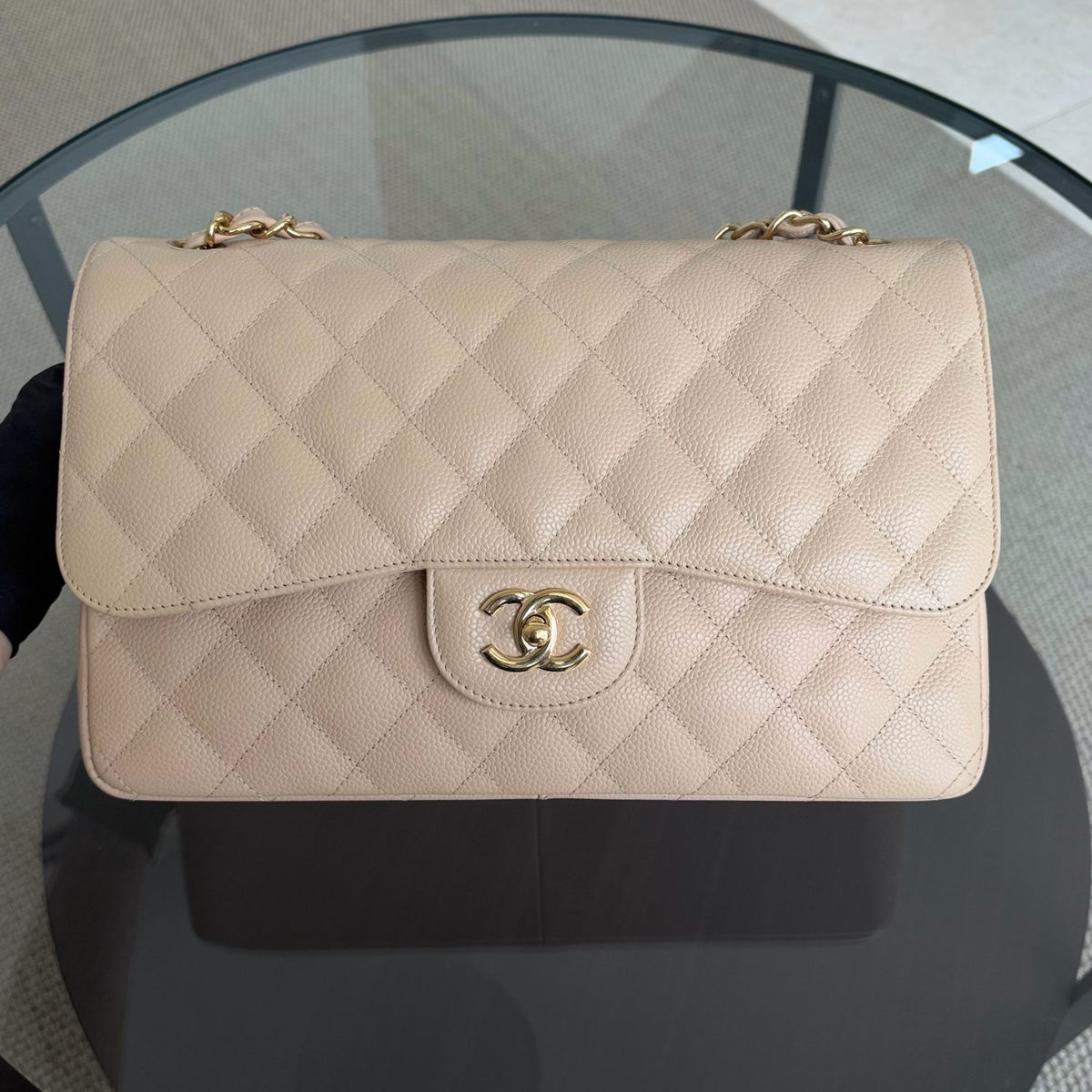 Chanel Classic Flap Jumbo - Caviar Quilted Double Flap Light Beige Gold Hardware Series 14