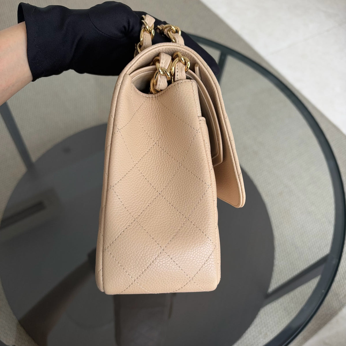 Chanel Classic Flap Jumbo - Caviar Quilted Double Flap Light Beige Gold Hardware Series 14