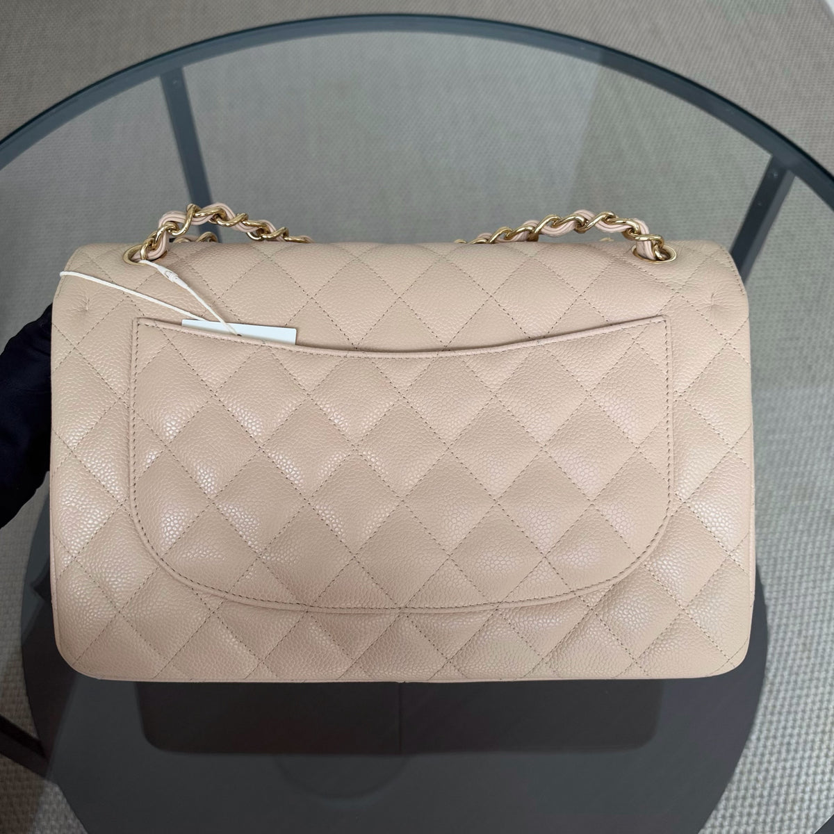 Chanel Classic Flap Jumbo - Caviar Quilted Double Flap Light Beige Gold Hardware Series 14