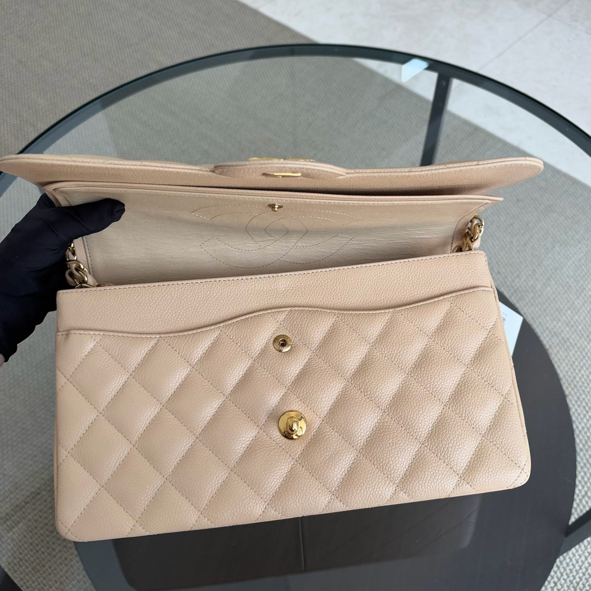 Chanel Classic Flap Jumbo - Caviar Quilted Double Flap Light Beige Gold Hardware Series 14