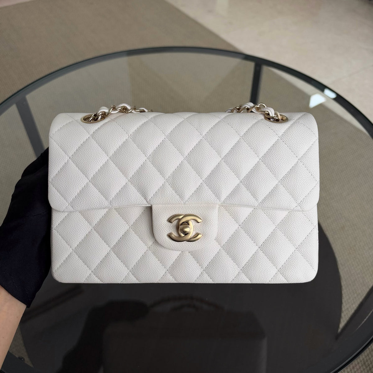 Chanel Classic Flap Small - Caviar 23CM Quilted White Gold Hardware Series 28