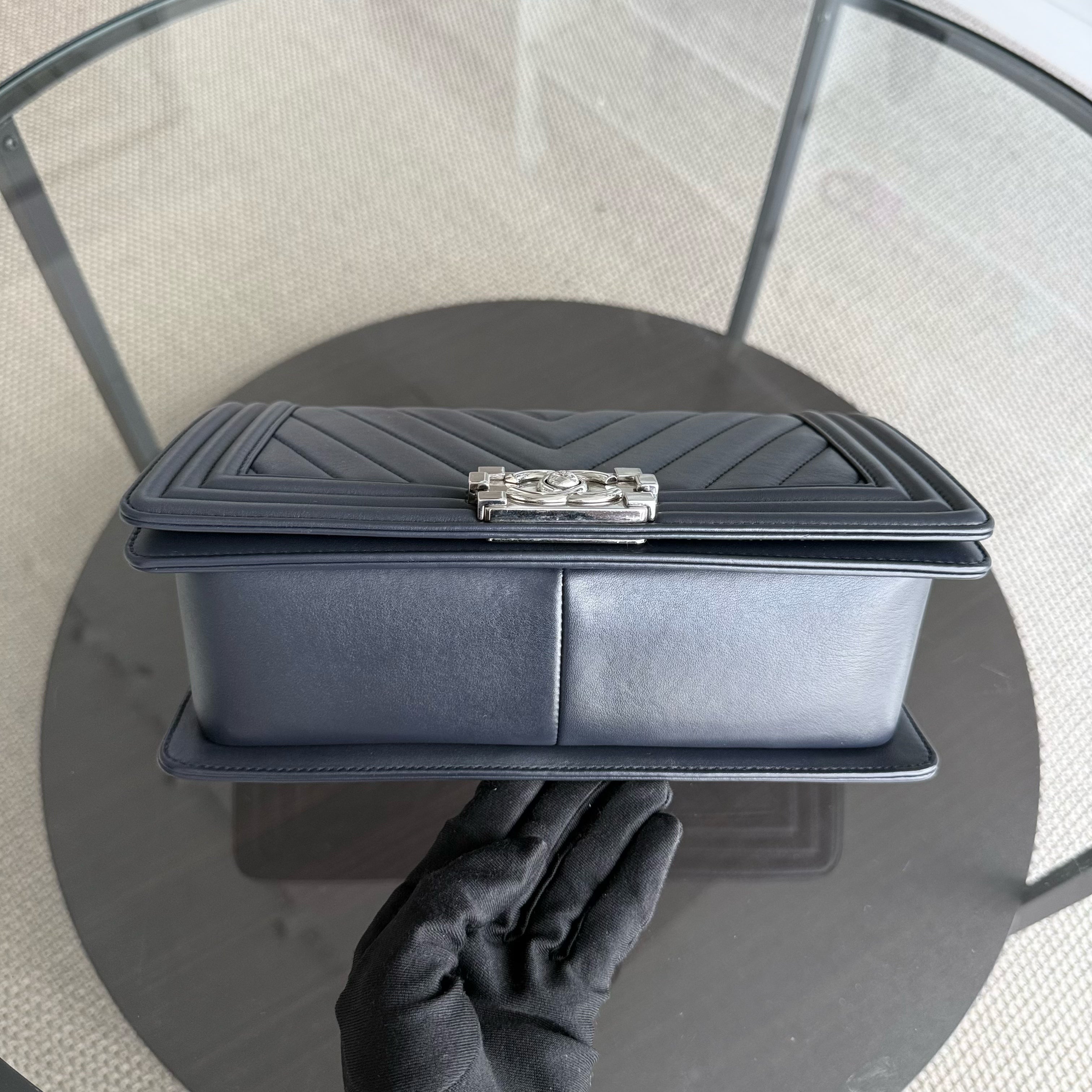 Chanel Boy Medium - 25CM Quilted Calfskin Dark Blue Silver Hardware Series 22