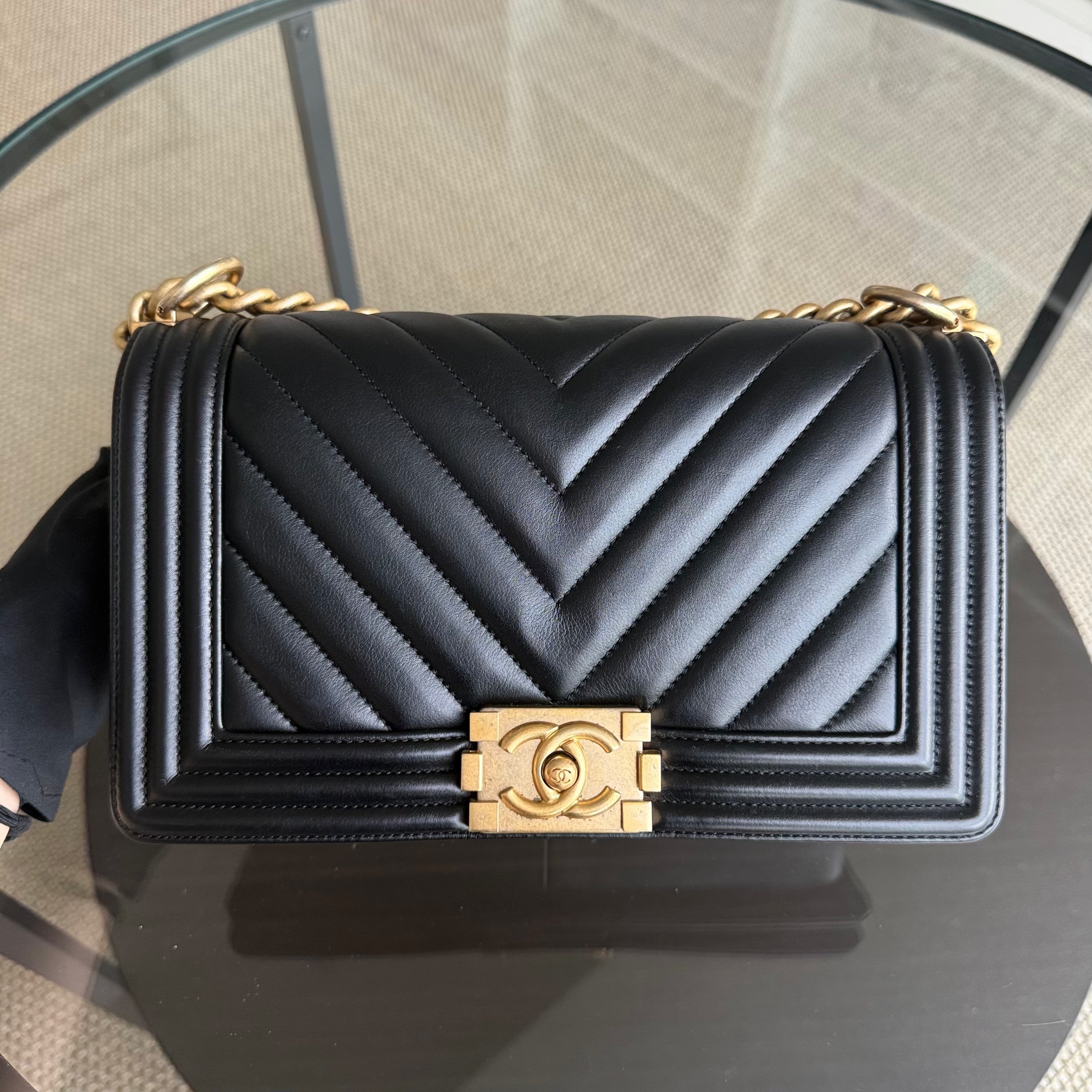 Chanel Boy Medium - 25CM Chevron Calfskin Black Aged Gold Hardware