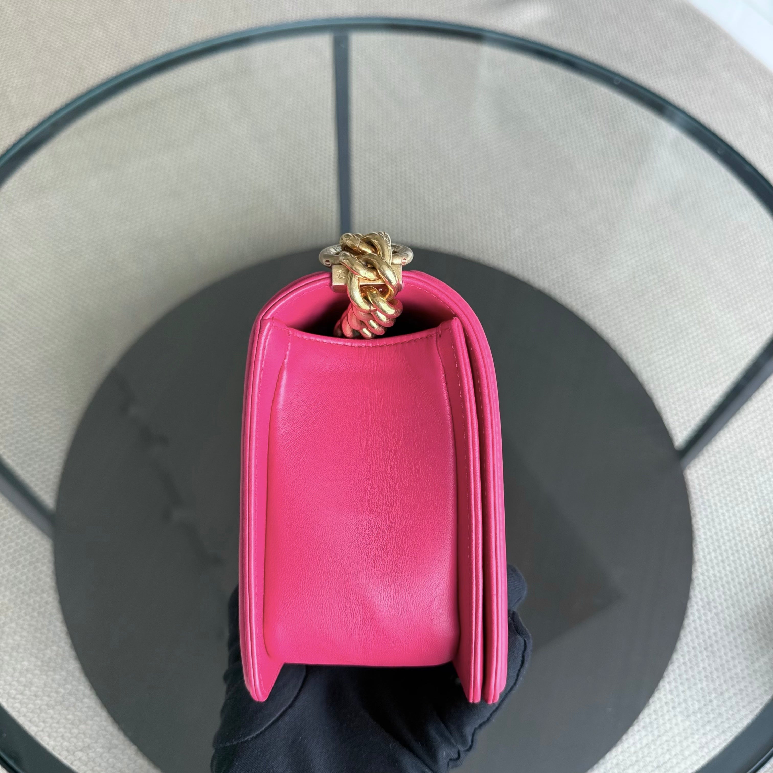 Chanel Boy Medium - 25CM Quilted Lambskin Hot Pink Gold Hardware Series 23