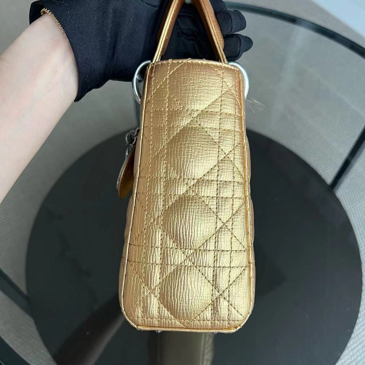 Dior Lady Small - Metallic Gold Cannage Calfskin Silver Hardware