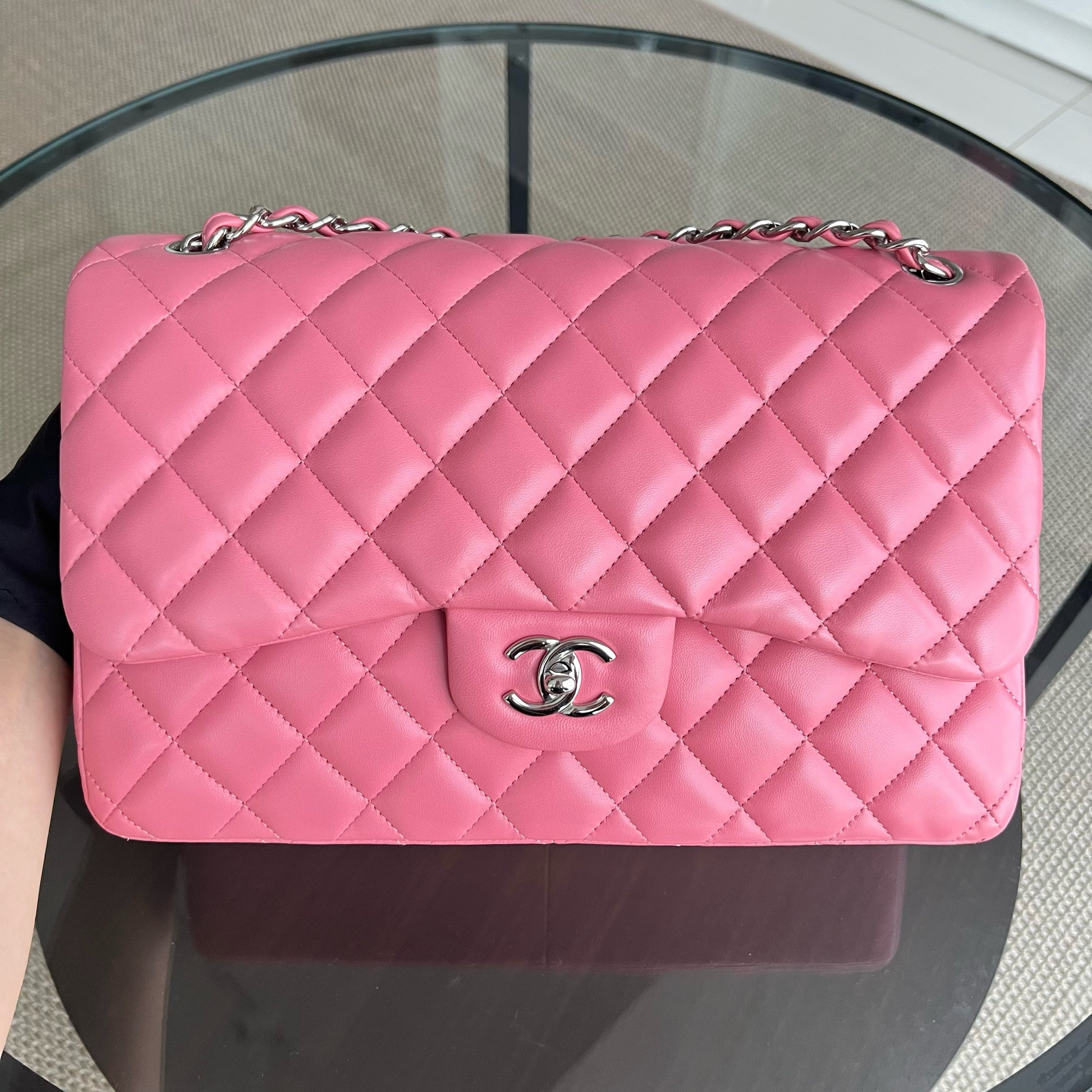 Chanel Classic Flap Jumbo - Double Flap 30CM Quilted Lambskin Sakura Pink Silver Hardware Series 18