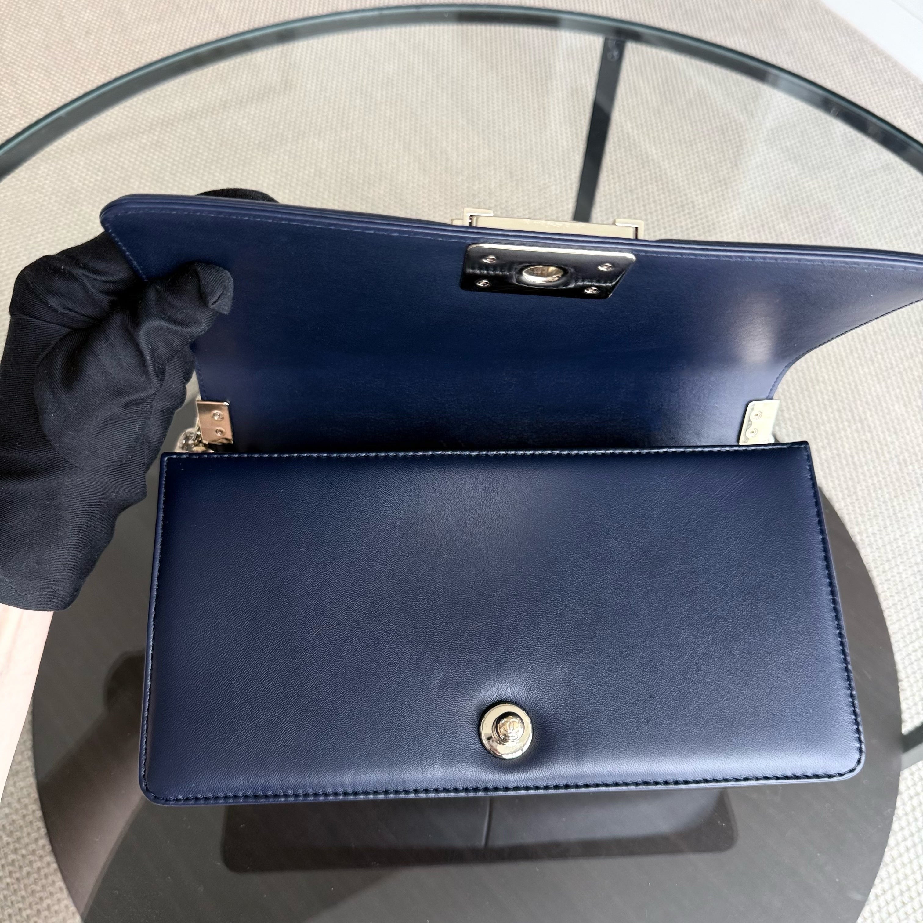 Chanel Boy Medium - 25CM Quilted Lambskin Dark Navy Blue Gold Hardware Series 22