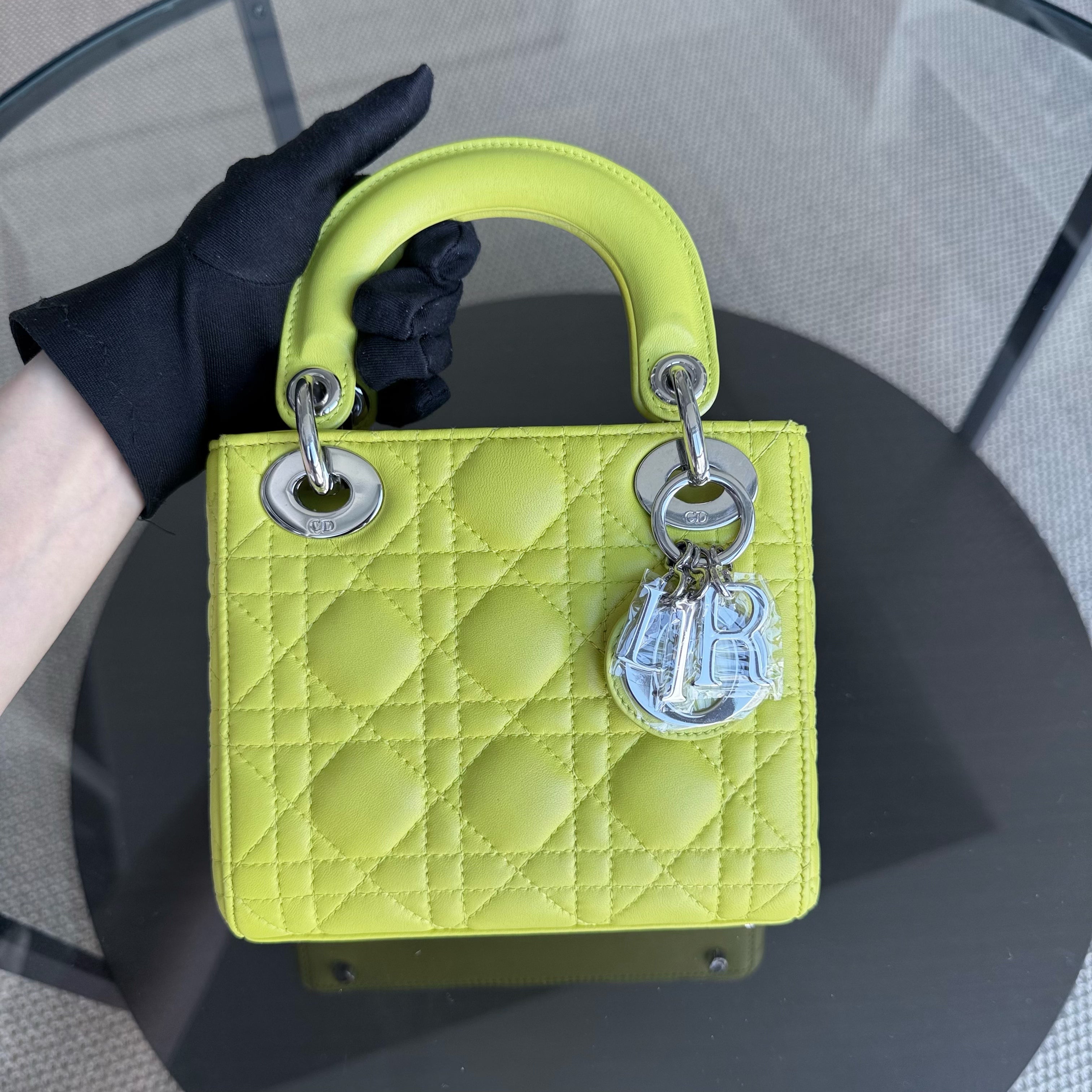 Dior Lady Mini - Cannage Lambskin Yellow Silver Hardware Adjustable Strap