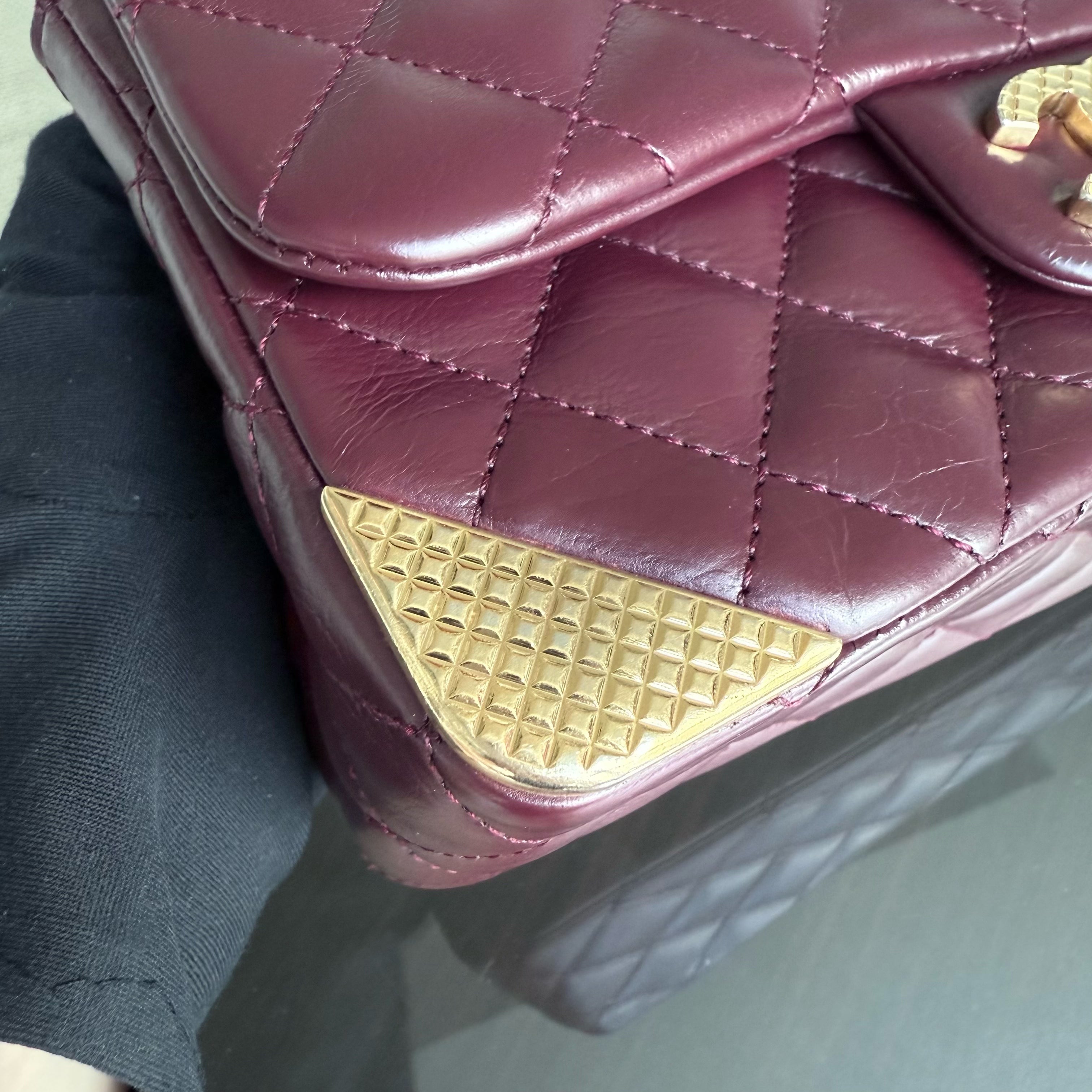 Chanel Classic Flap Rock The Corner - Quilted 20CM Calfskin Dark Burgundy Gold Hardware Series 24