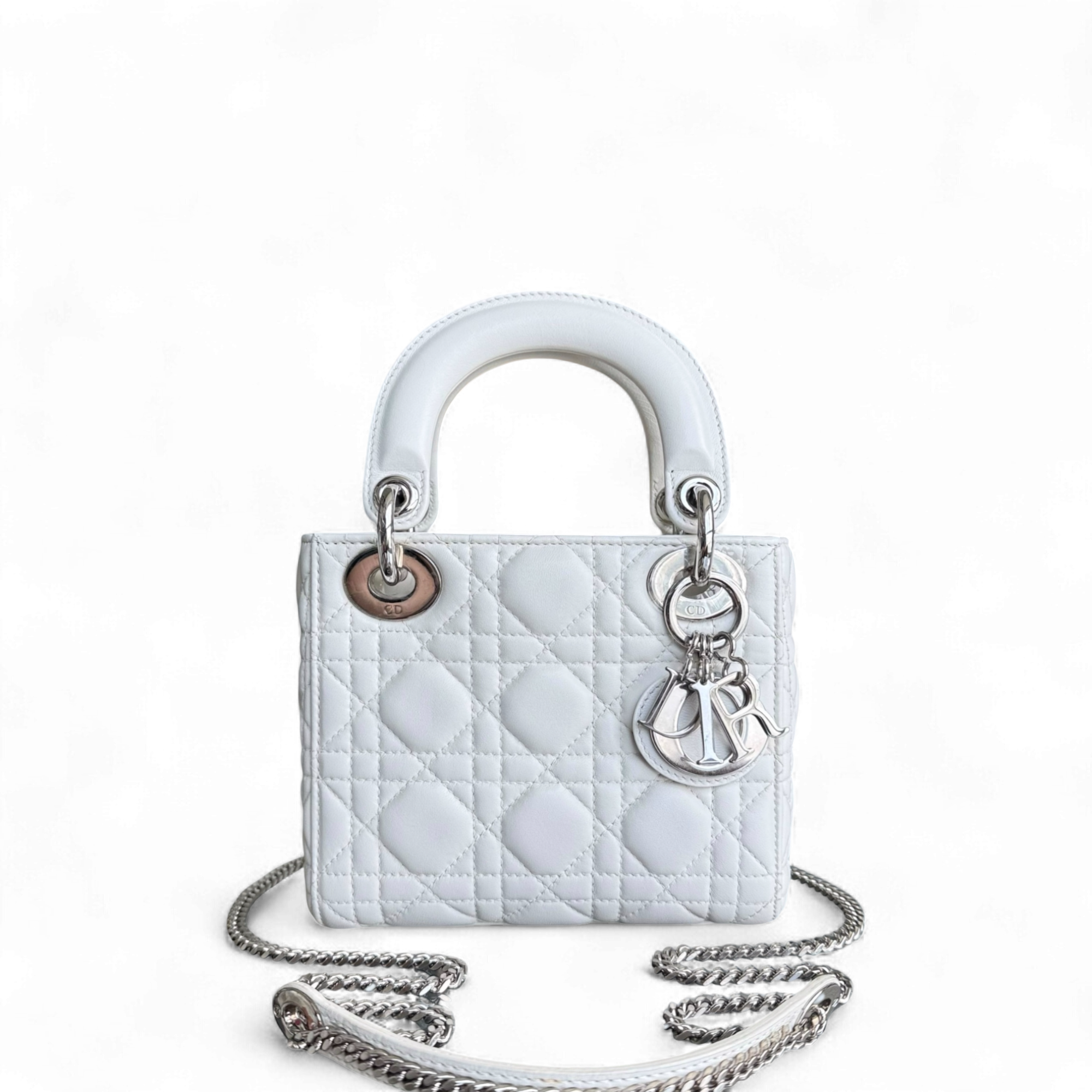 Dior Lady Mini - Cannage Lambskin White Silver Hardware Chain Strap